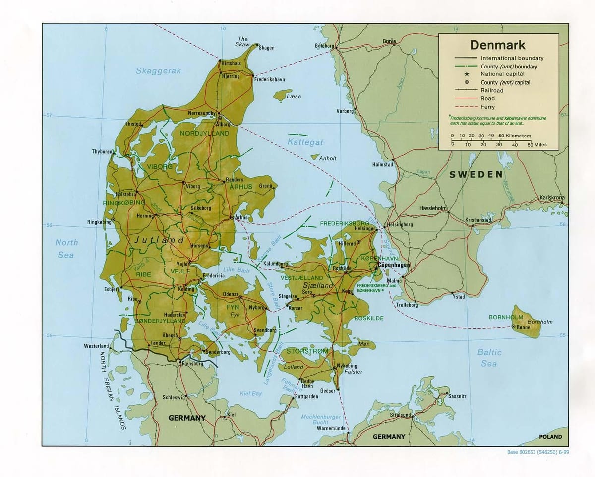 แผนที่ของทางกายภาพเดนมาร์ก