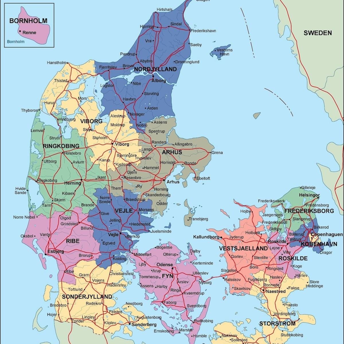 แผนที่ของเดนมาร์กการเมือง